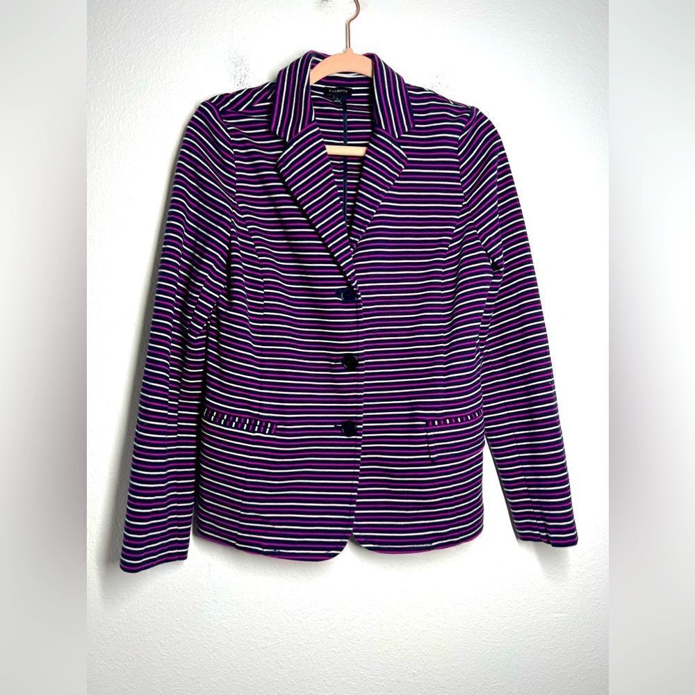 NWOT Talbots Jacket Women's Size Large Navy Pink White Stripe Three Button Soft